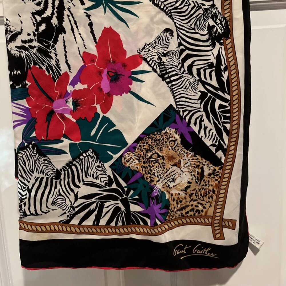 Vintage Gant Gaither Silk Tiger Zebra Leopard Animal Print Floral Scarf Square